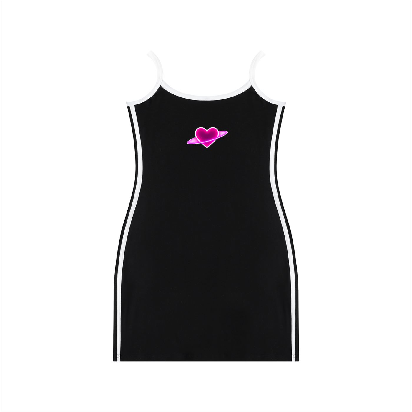 Front product view of the black fitted mini dress with white contrast piping and a glowing neon-pink planetary heart graphic by Mandi Cruz Media.