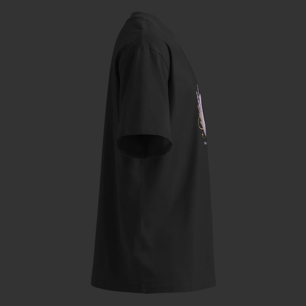 Back view of the black oversized organic tee with a plain back, high collar, dropped shoulders and wide sleeves.