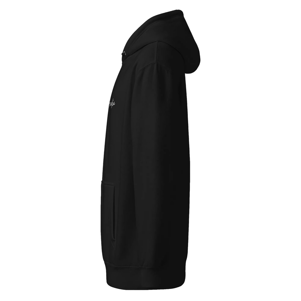 Left-side view of the black unisex premium midweight hoodie showing the hood, sleeve, kangaroo pocket and partial white chest logo.