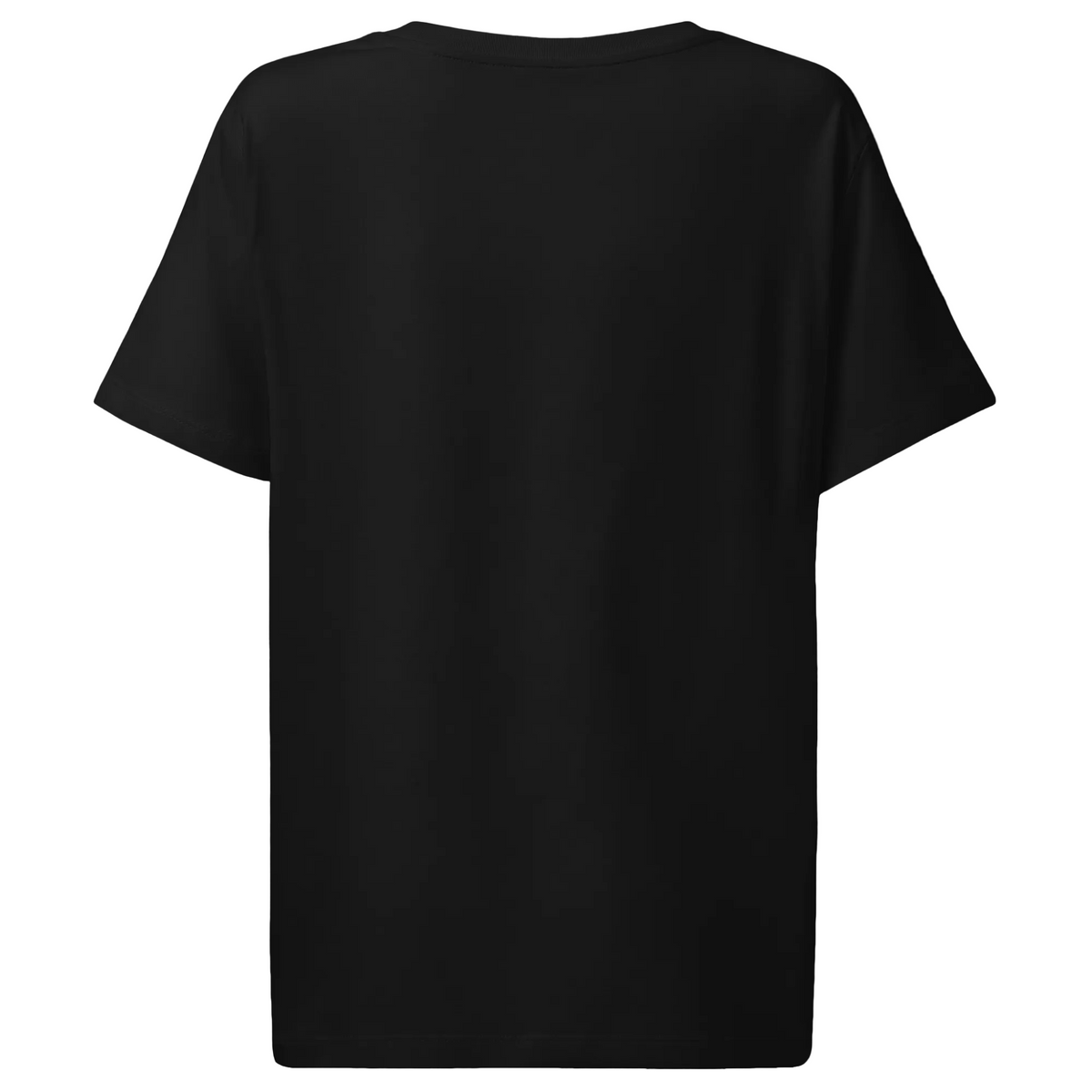 Back view of the black Outer Space women’s organic tee showing its plain rear, short sleeves, and ribbed crew