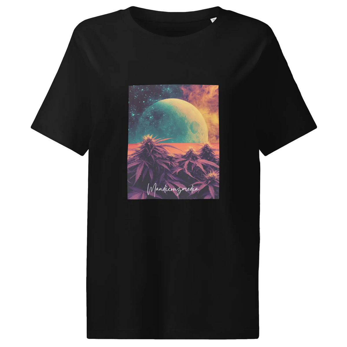 Front view of the black Outer Space women’s organic tee featuring green moon and purple botanical galaxy artwork.