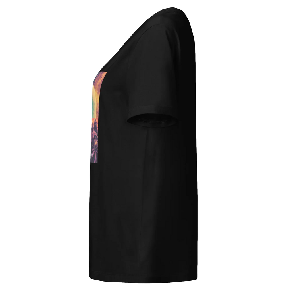 Left-side view of the black Outer Space women’s organic tee showing its fit and the edge of the front