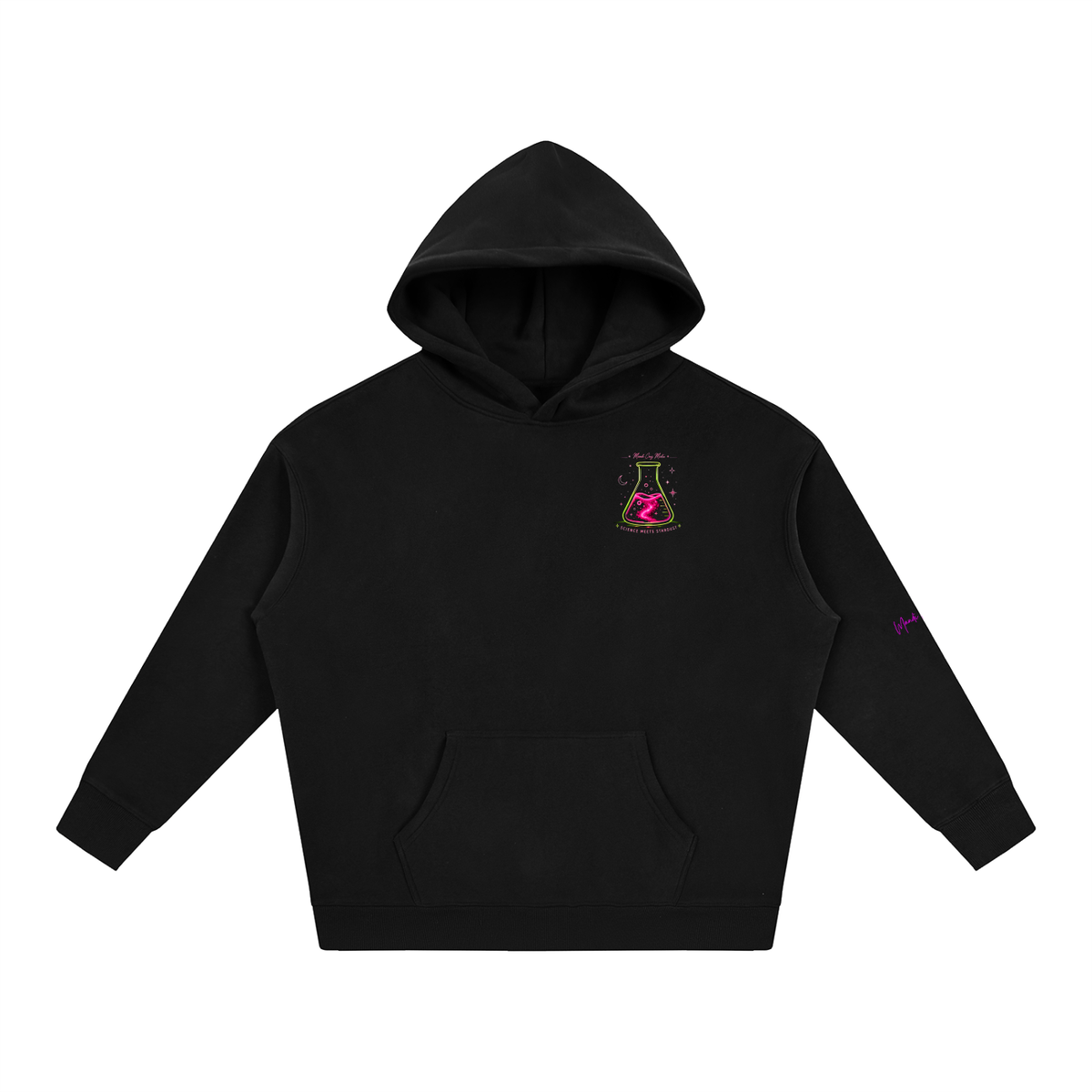 Front product view of black Mandi Cruz Media oversized fleece hoodie with kangaroo pocket, relaxed fit and small chest graphic.