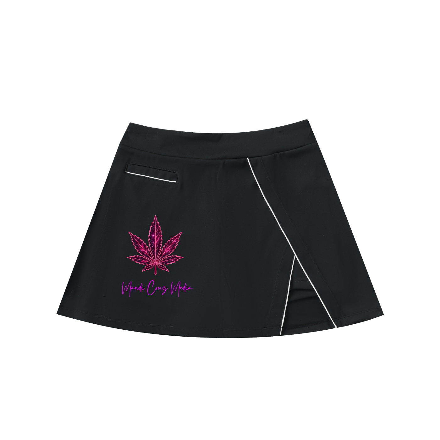Front product view of the black high-waist pocketed A-line skirt with a wrap-style opening, pink leaf graphic, and Mandi Cruz Media logo.