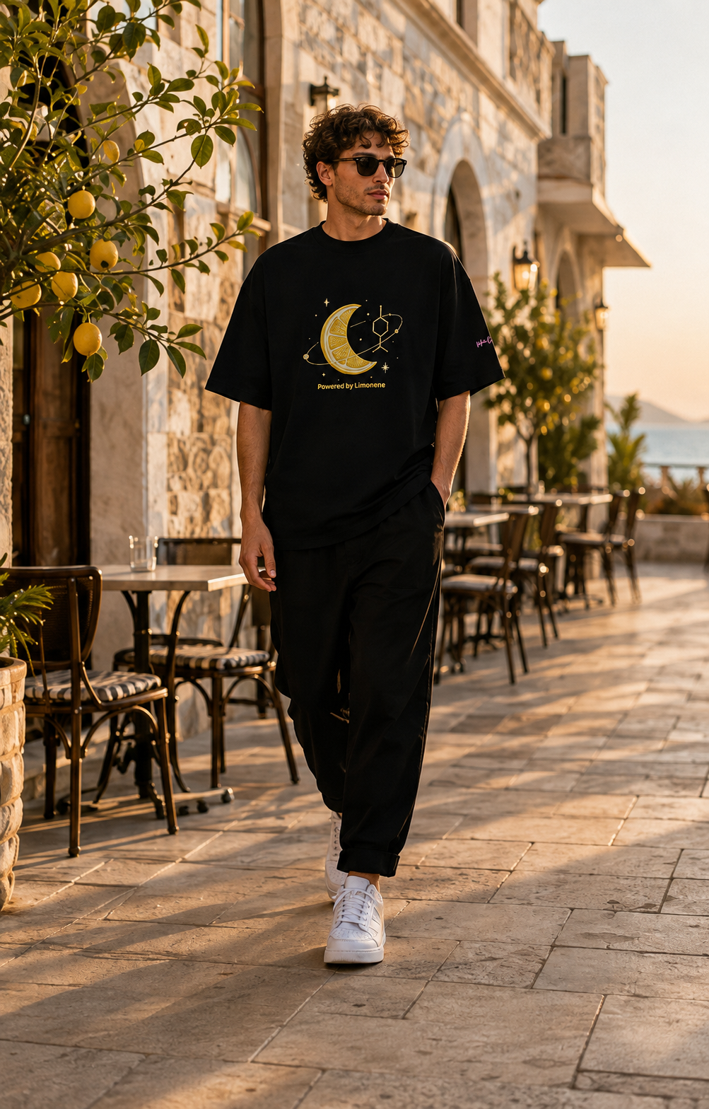 Man wearing the black Powered by Limonene oversized tee while walking past lemon trees on a Mediterranean café terrace.