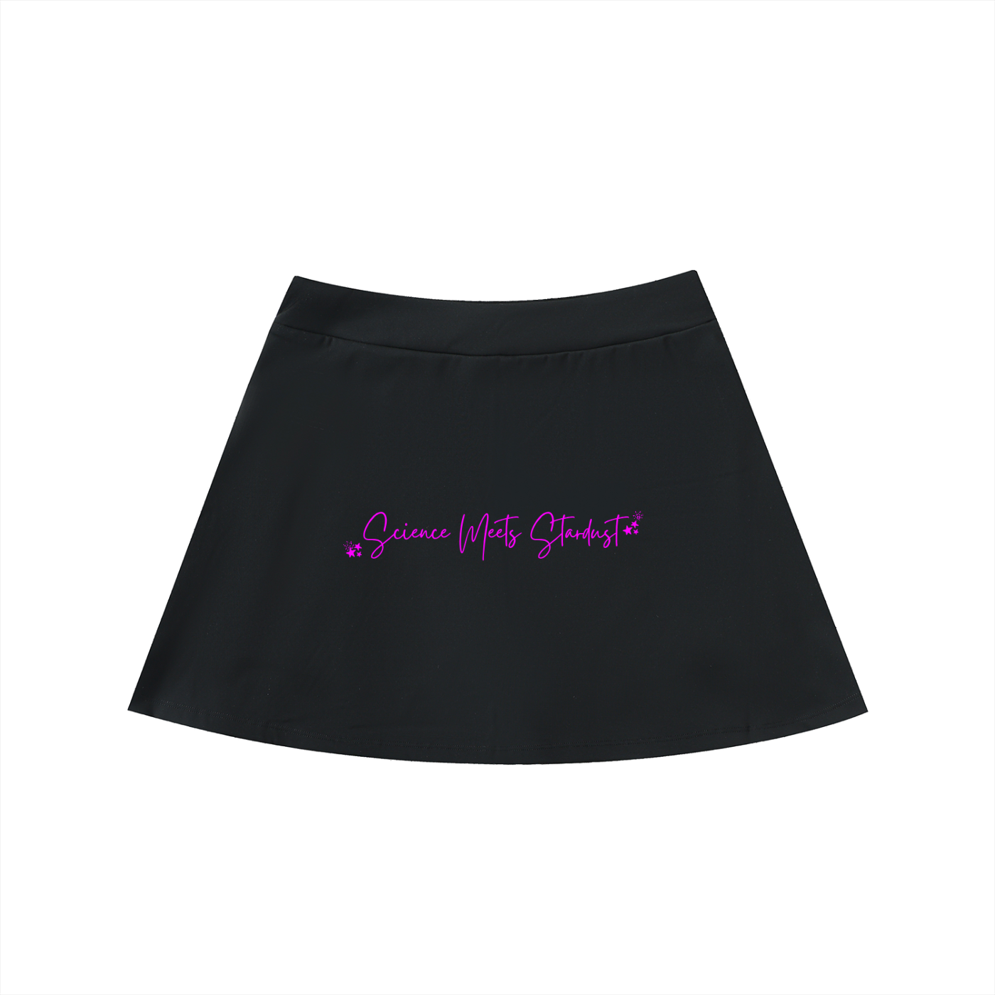 Back product view of the black high-waist A-line skirt with the pink Science Meets Stardust script design by Mandi Cruz Media.