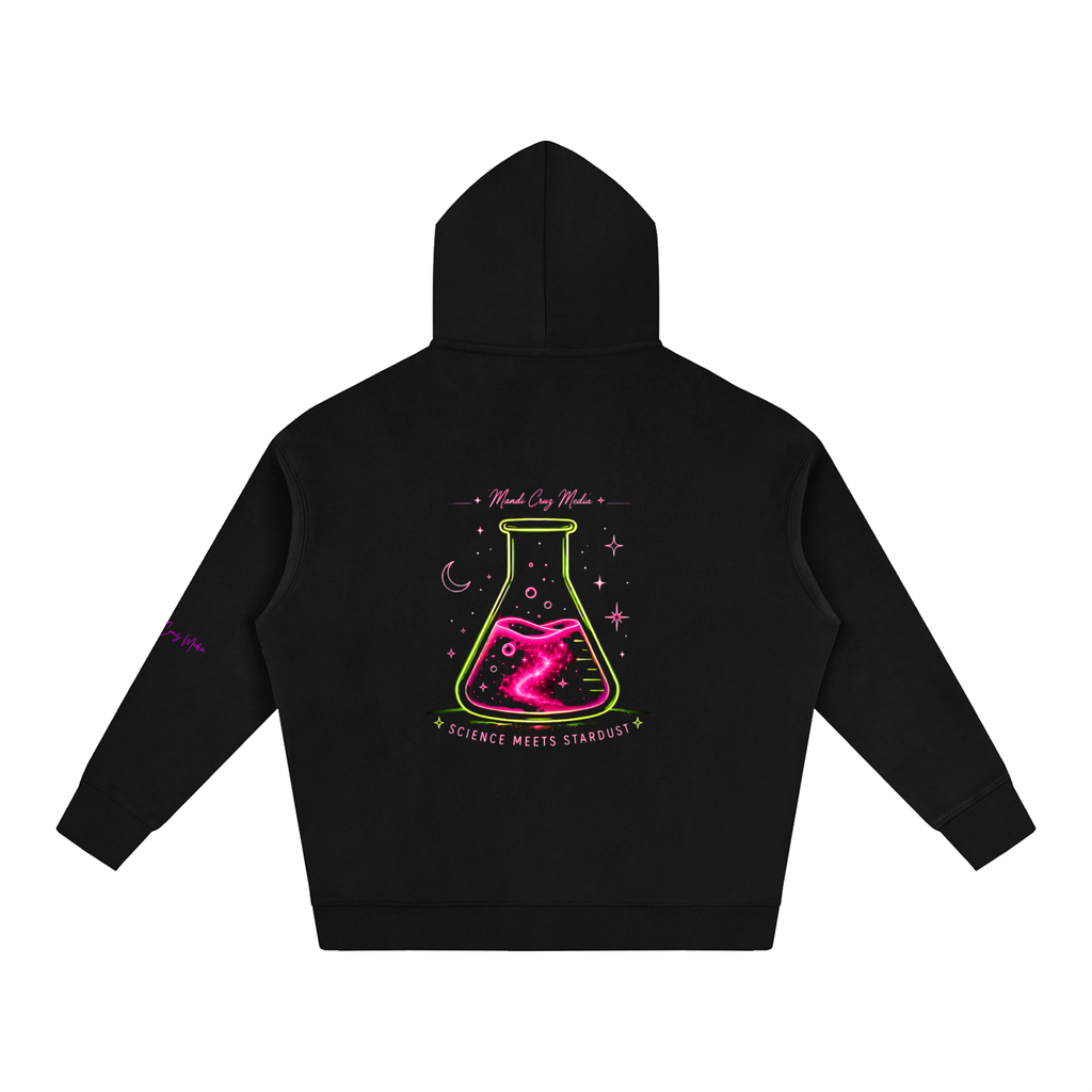 Back product view of black oversized fleece hoodie featuring the vibrant Mandi Cruz Media Science Meets Stardust laboratory flask design.