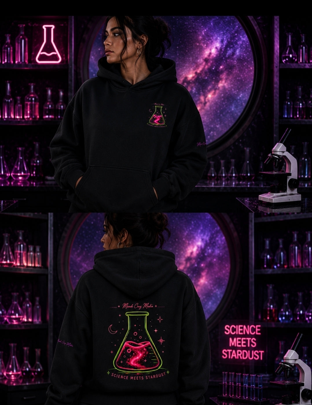 Black oversized fleece hoodie modeled from the front and back, featuring Mandi Cruz Media chest artwork and colorful cosmic flask back graphic.
