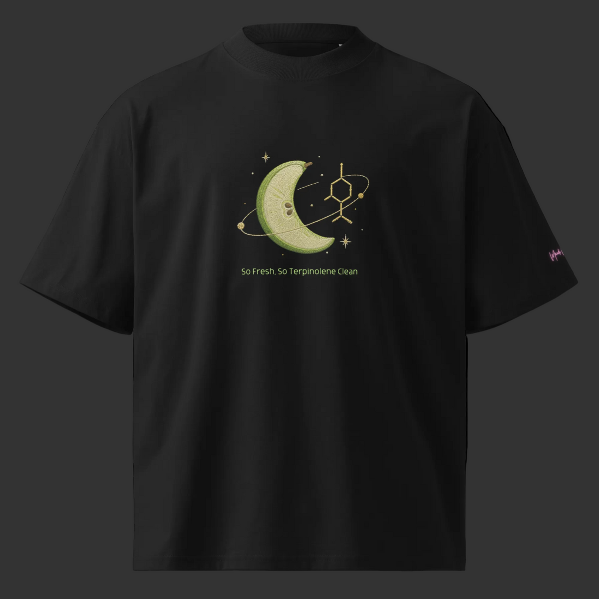 Front view of the black oversized tee featuring green melon, gold molecule and So Fresh, So Terpinolene Clean text.
