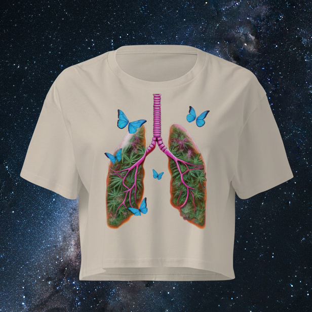 Front view of the bone women’s crop top featuring Butterfly Lungs artwork with botanical and celestial details.