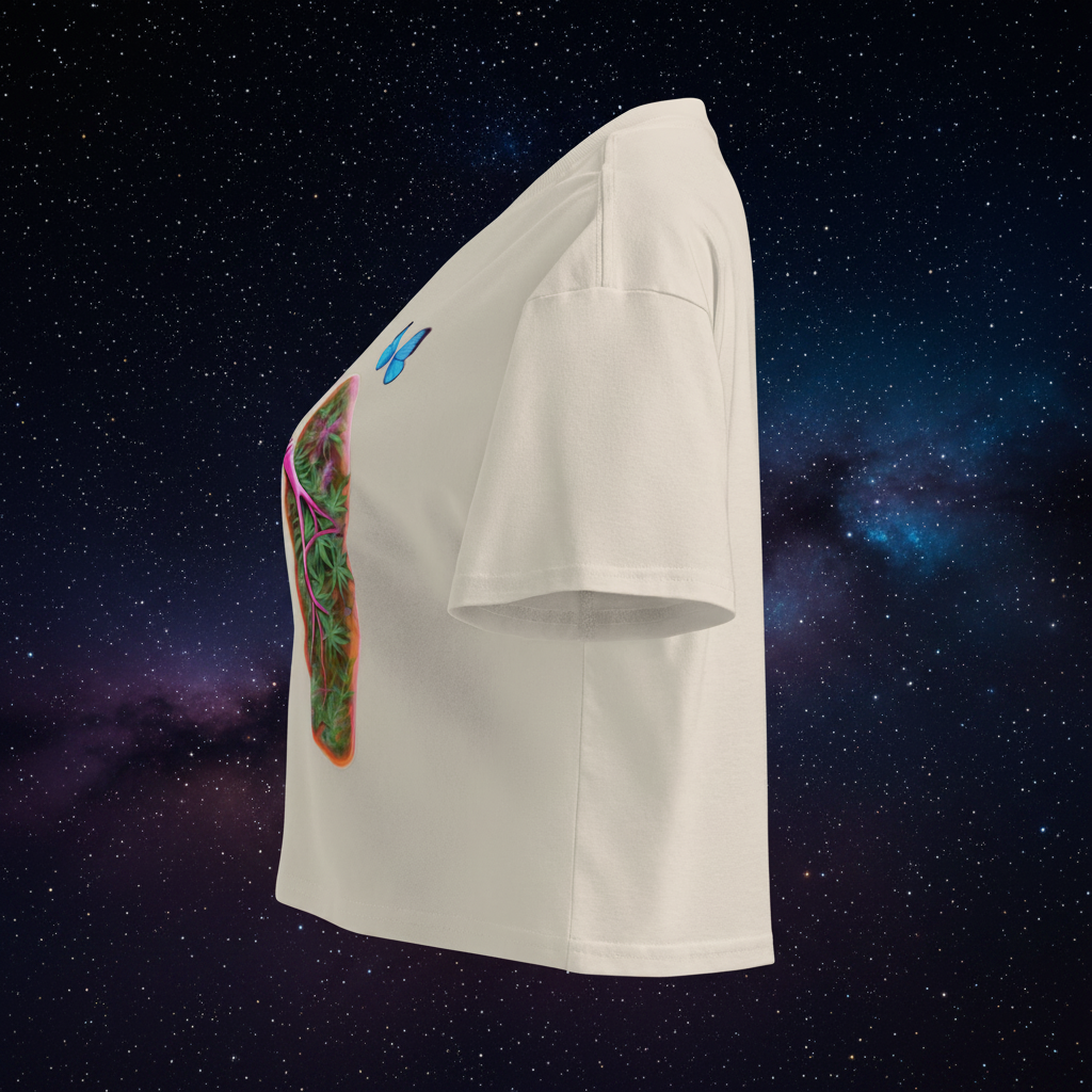 Left-side view of the bone Butterfly Lungs crop top showing its relaxed sleeve, cropped hem and partial front artwork.