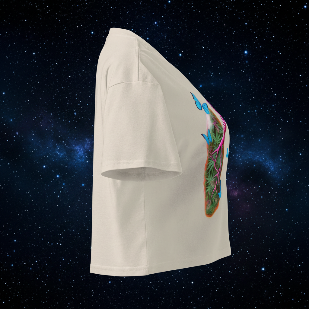 Right-side view of the bone Butterfly Lungs crop top showing its relaxed fit, cropped hem and partial front artwork.