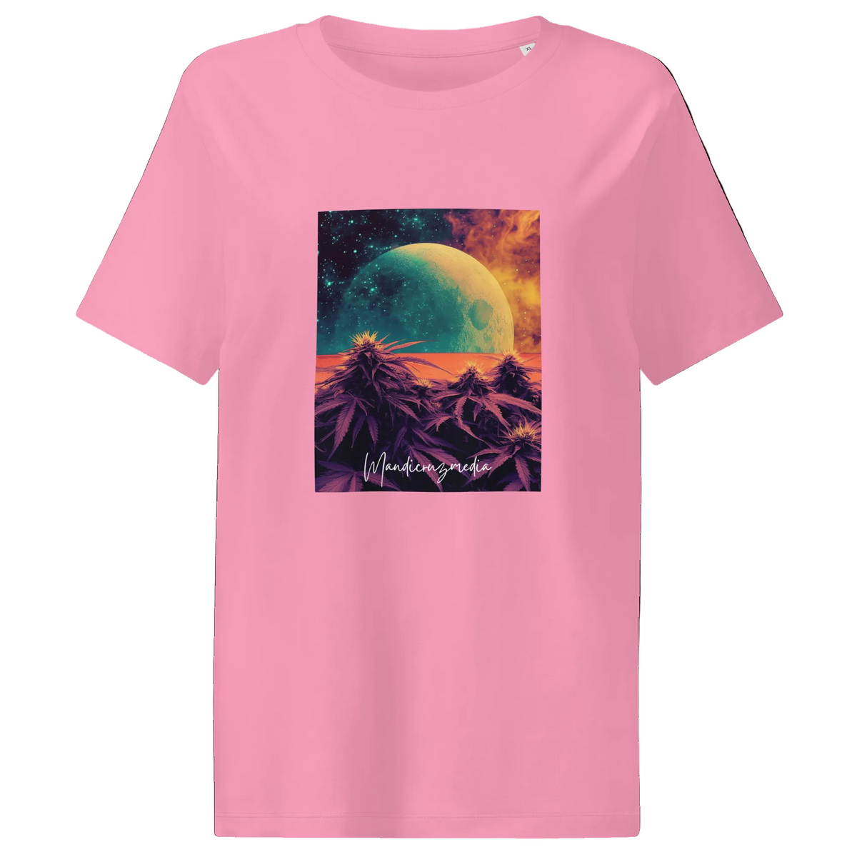 Front product view of the Bubble Pink Outer Space women’s organic ribbed tee featuring a colorful planet above a purple mountain landscape.