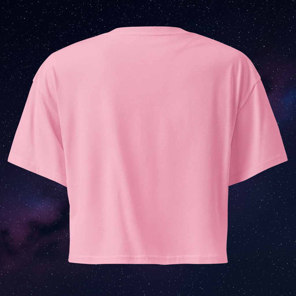Back view of the bubblegum-pink Butterfly Lungs crop top showing its plain back, dropped shoulders and cropped silhouette.