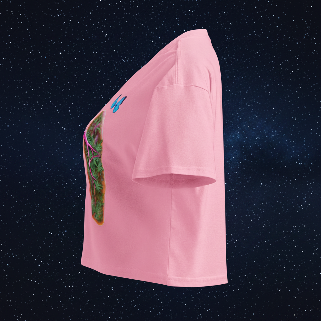 Left-side view of the bubblegum-pink Butterfly Lungs crop top showing its relaxed sleeve and partial front artwork.