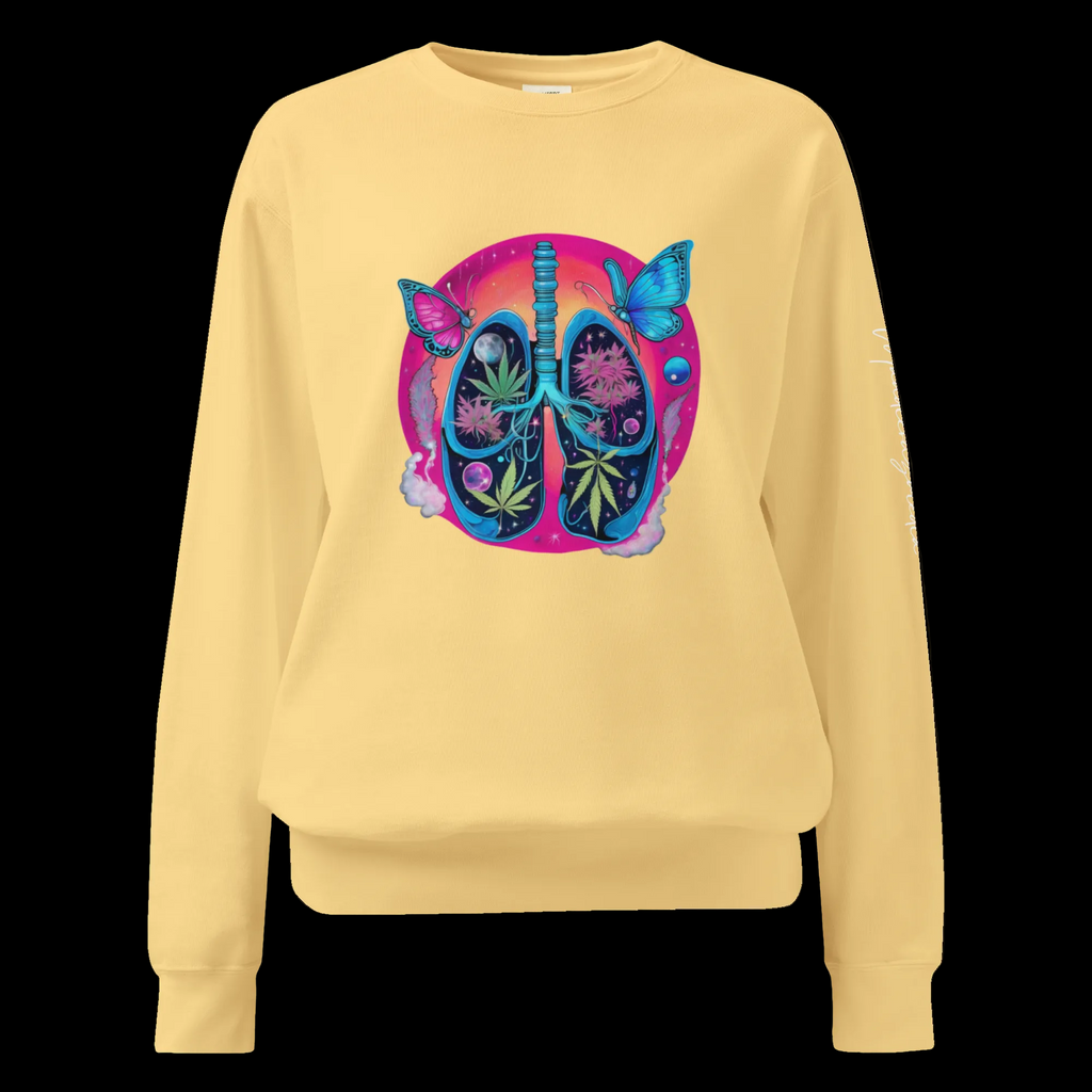 Front view of the Butter yellow Butterfly Lungs unisex sweatshirt featuring vibrant botanical, butterfly and cosmic artwork.