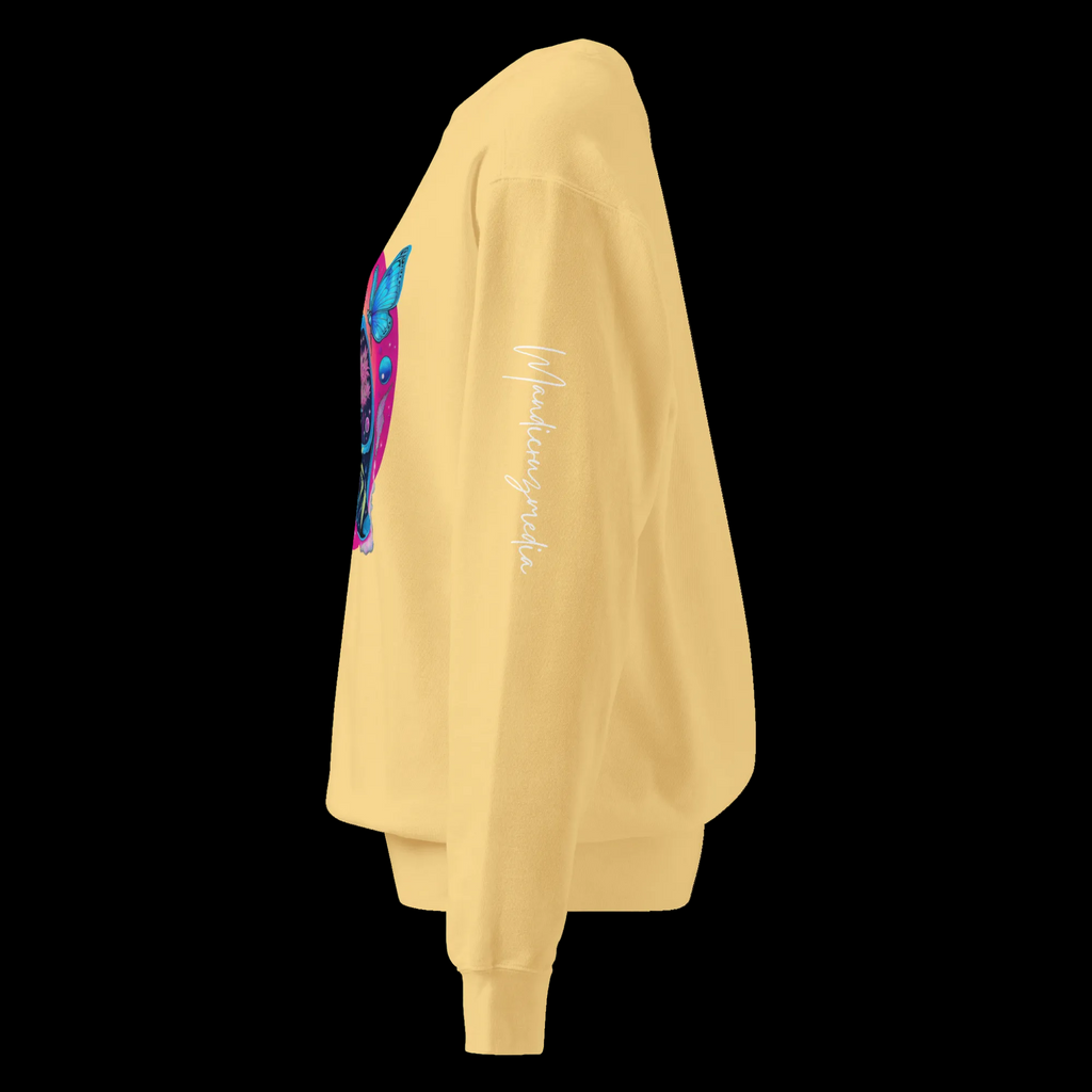 Left-side view of the Butter Butterfly Lungs sweatshirt featuring the vertical white Mandi Cruz Media signature.