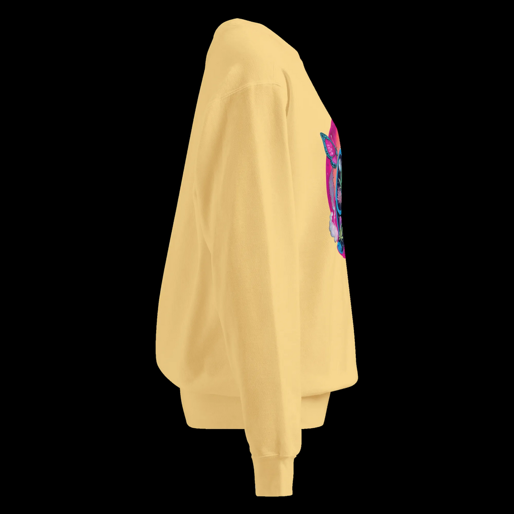 Right-side view of the Butter Butterfly Lungs unisex sweatshirt showing its relaxed fit and garment-dyed texture.