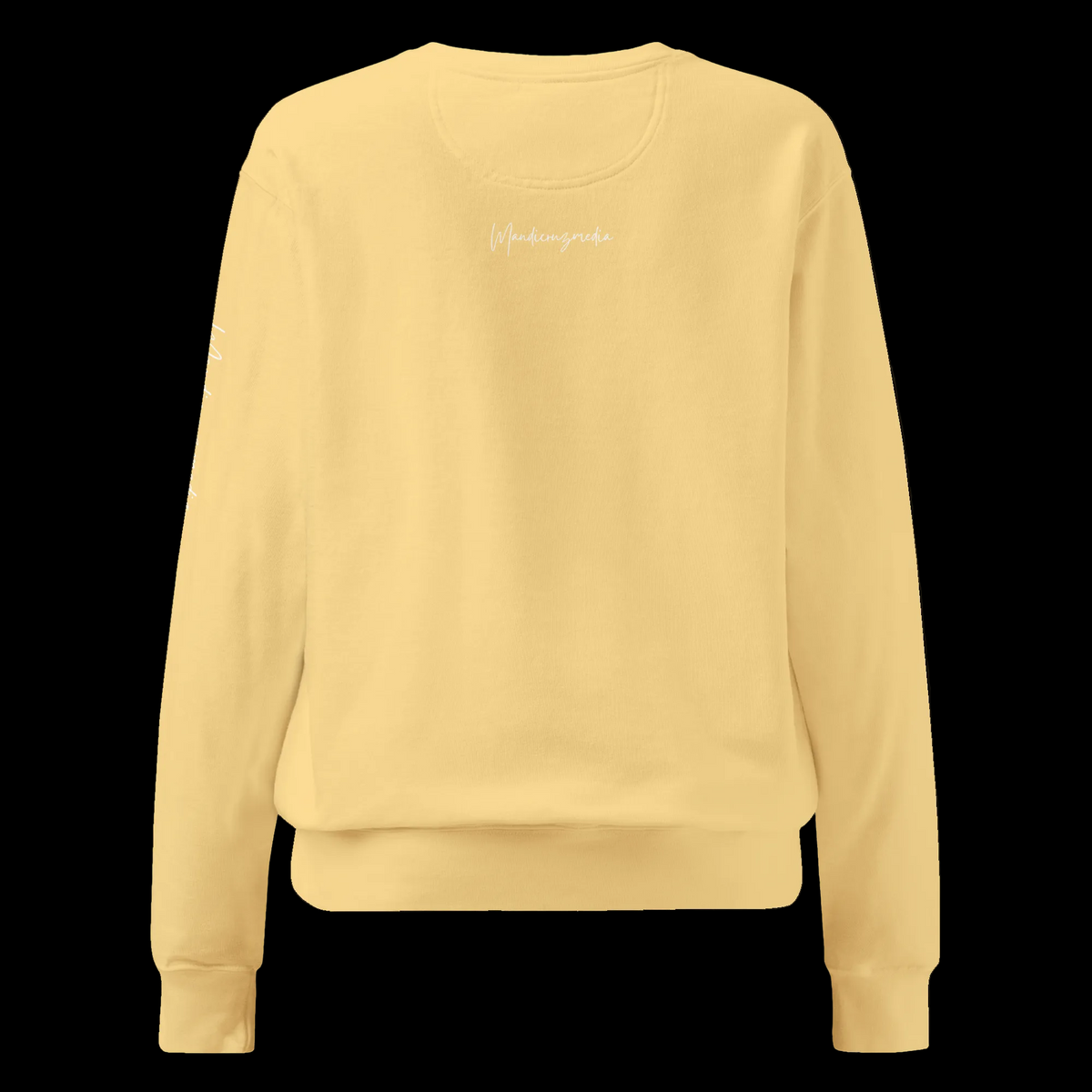 Back view of the Butter Butterfly Lungs unisex sweatshirt featuring the small white Mandi Cruz Media signature below the neckline.