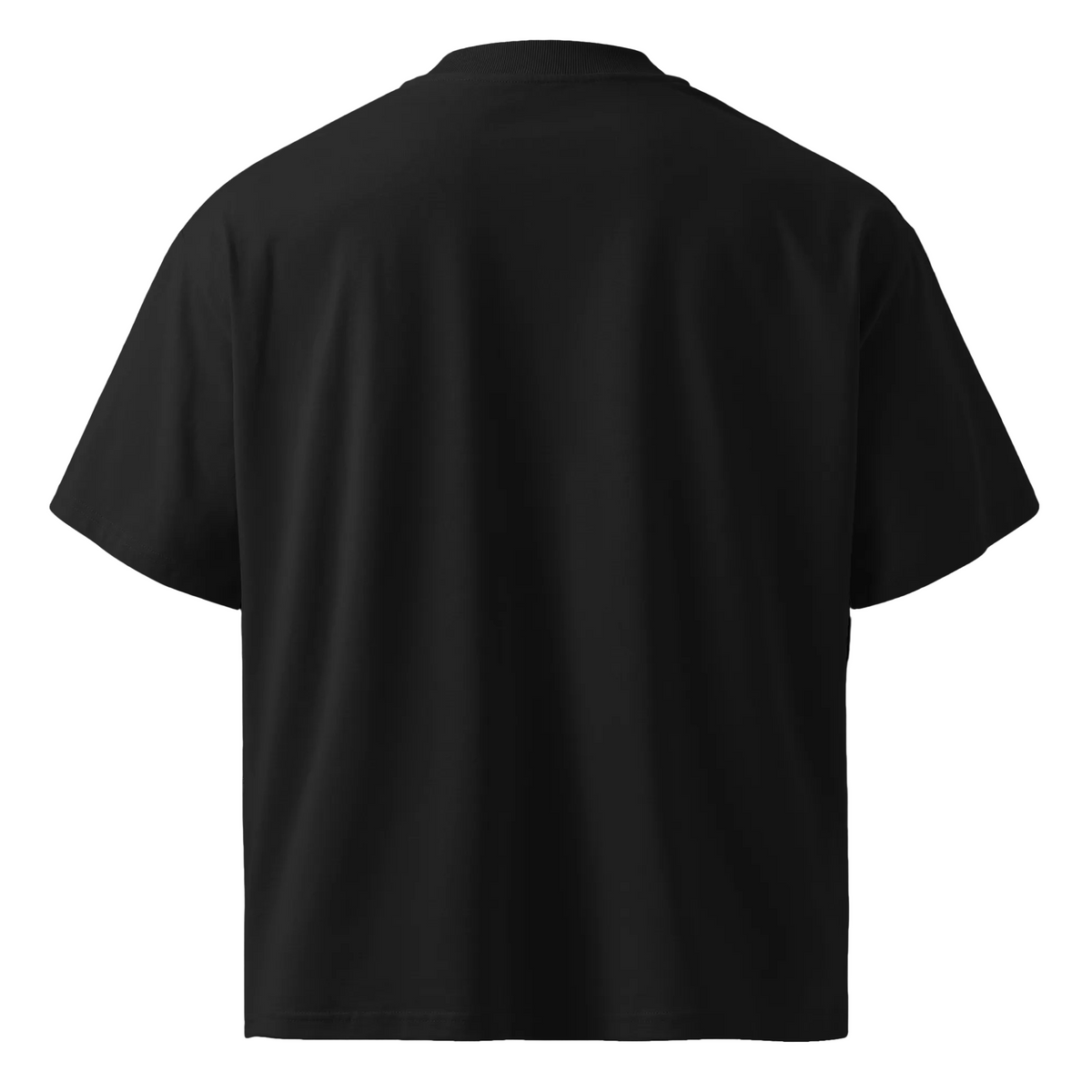 Back product view of the black unisex organic oversized high-neck T-shirt showing its long, relaxed silhouette.