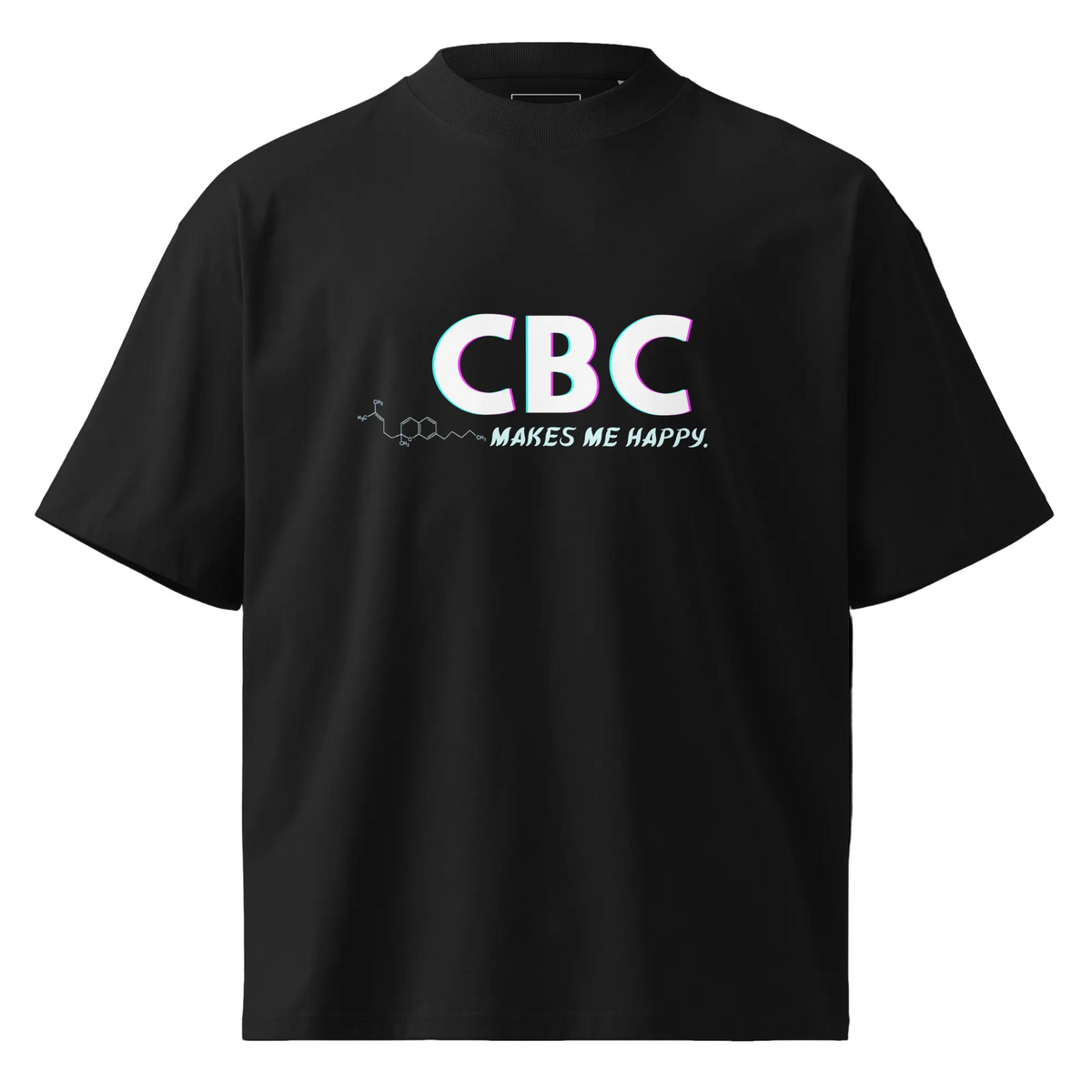 Front product view of the black CBC Makes Me Happy oversized organic high-neck T-shirt with cannabinoid-inspired artwork.