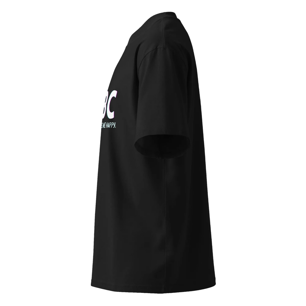 Left-side product view of the black CBC Makes Me Happy oversized organic high-neck T-shirt.