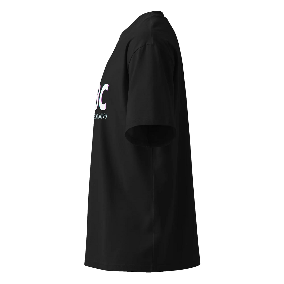 Left-side product view of the black CBC Makes Me Happy oversized organic high-neck T-shirt.