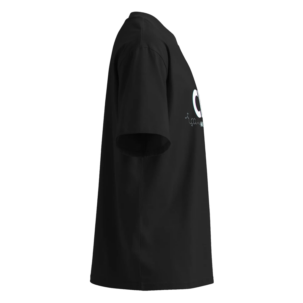 Right-side product view of the black CBC Makes Me Happy oversized organic T-shirt with wide sleeves.
