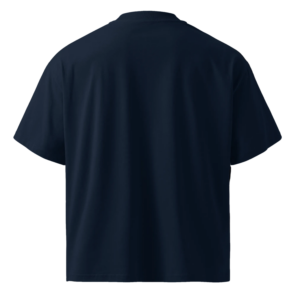 Back product view of the French navy unisex organic oversized high-neck T-shirt showing its relaxed boxy fit.