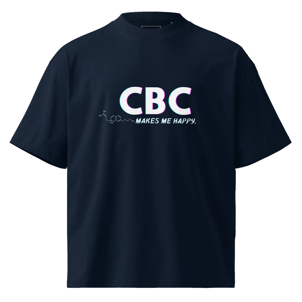 Front product view of the black CBC Makes Me Happy oversized organic high-neck T-shirt with cannabinoid-inspired artwork.