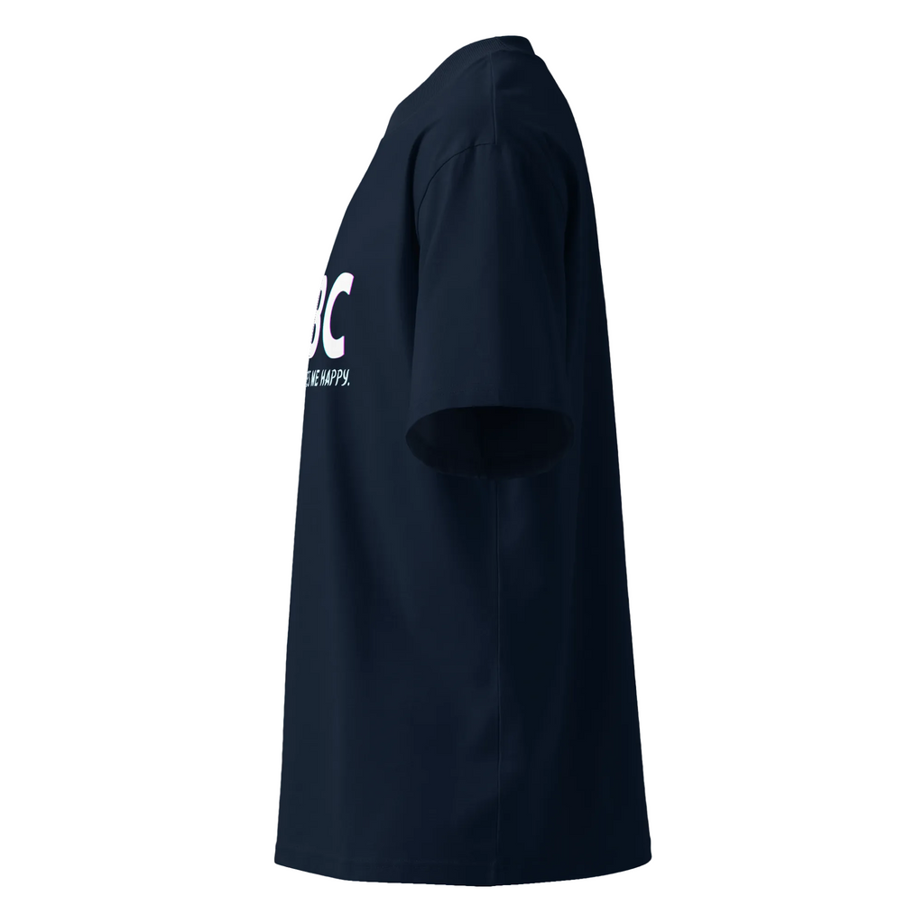 Left-side product view of the French navy CBC Makes Me Happy oversized organic high-neck T-shirt.