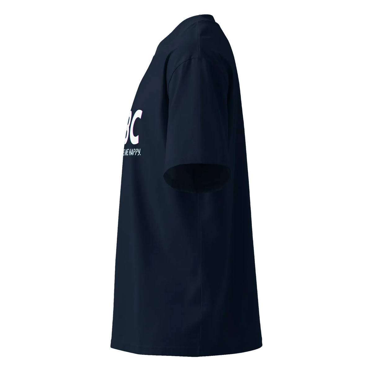 Left-side product view of the French navy CBC Makes Me Happy oversized organic high-neck T-shirt.