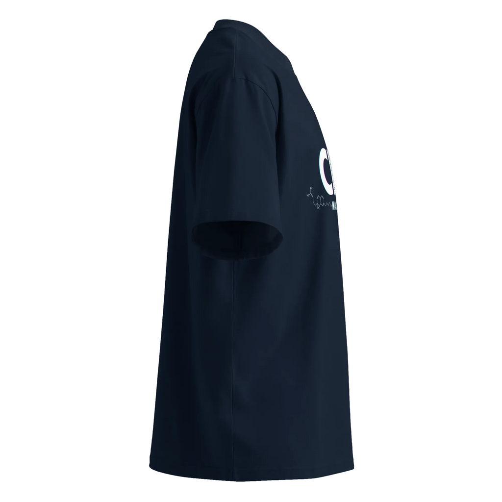 Right-side product view of the French navy CBC Makes Me Happy oversized organic T-shirt with dropped shoulders.