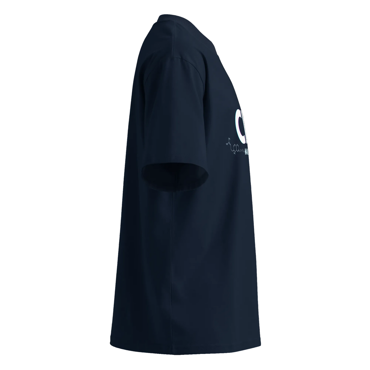 Right-side product view of the French navy CBC Makes Me Happy oversized organic T-shirt with dropped shoulders.
