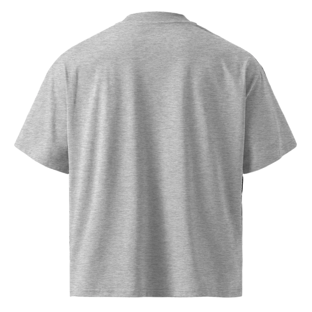 Back product view of the heather grey unisex organic oversized T-shirt showing its relaxed boxy shape.