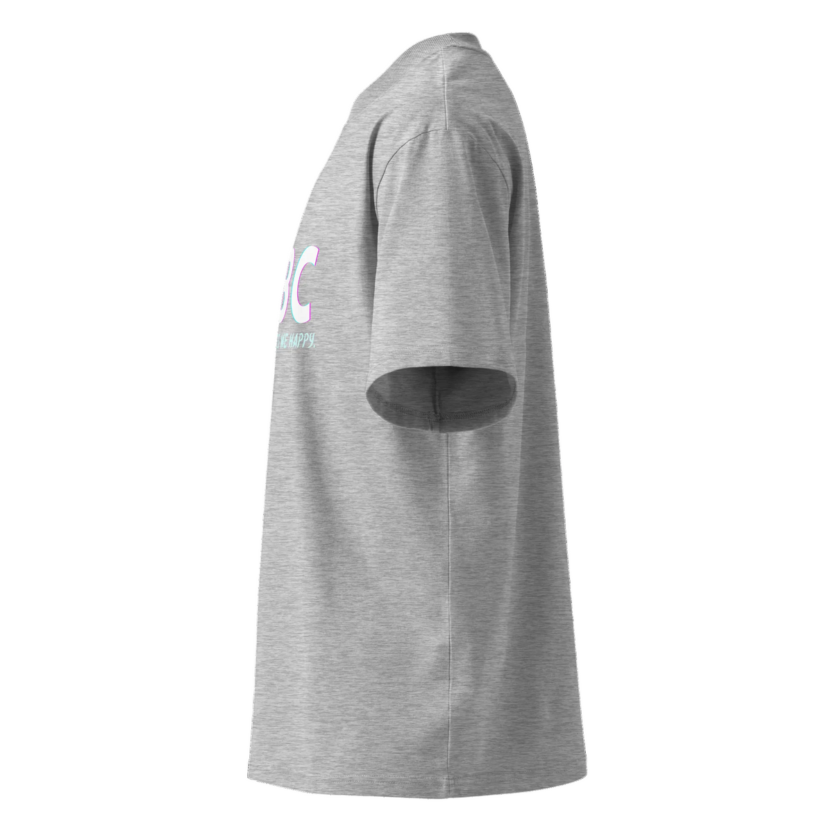 Left-side product view of the heather grey CBC Makes Me Happy oversized organic high-neck T-shirt.