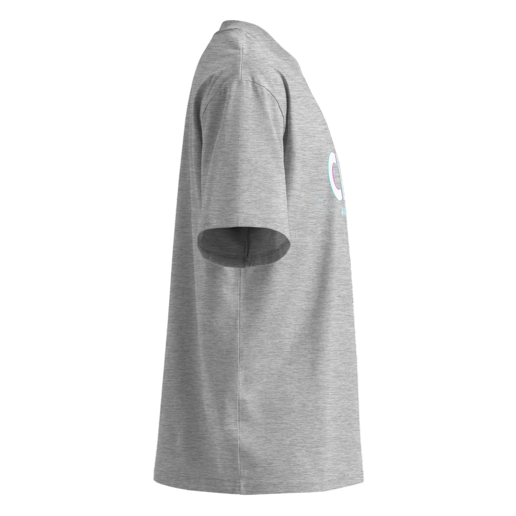 Right-side product view of the heather grey CBC Makes Me Happy oversized tee with dropped shoulders.