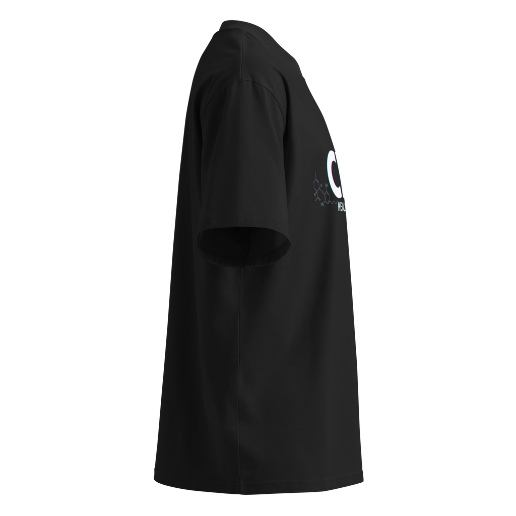Right-side product view of the black CBD Heals My Hurt™ oversized organic tee highlighting the wide sleeve and oversized silhouette.