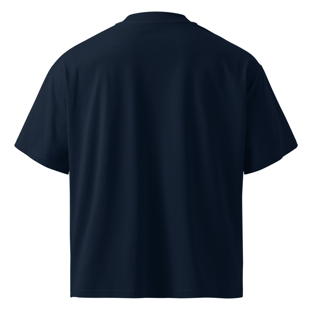 Back product view of the French navy CBD Heals My Hurt™ oversized organic tee showing its relaxed fit, dropped shoulders and plain back.