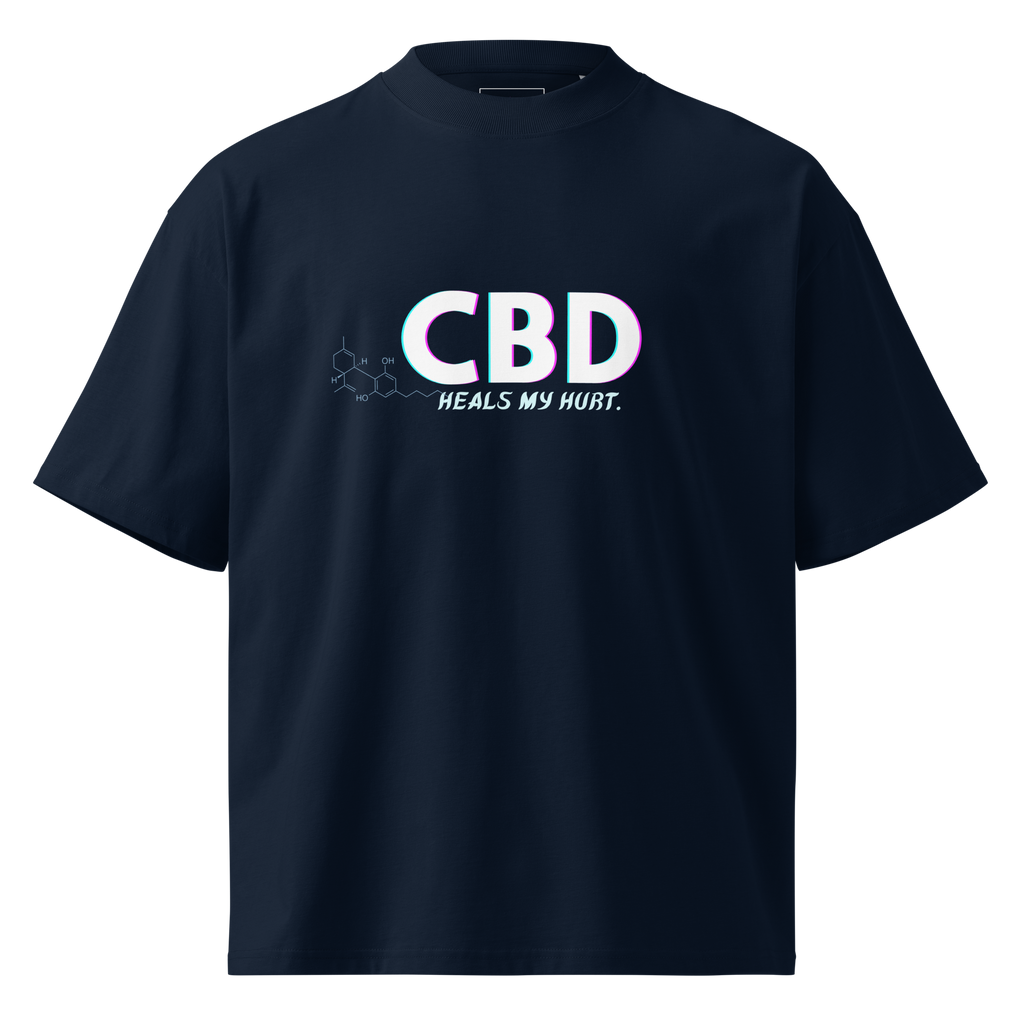 Front product view of the French navy CBD Heals My Hurt™ oversized organic tee featuring the statement graphic and CBD molecular detail.