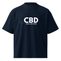 Front product view of the French navy CBD Heals My Hurt™ oversized organic tee featuring the statement graphic and CBD molecular detail.