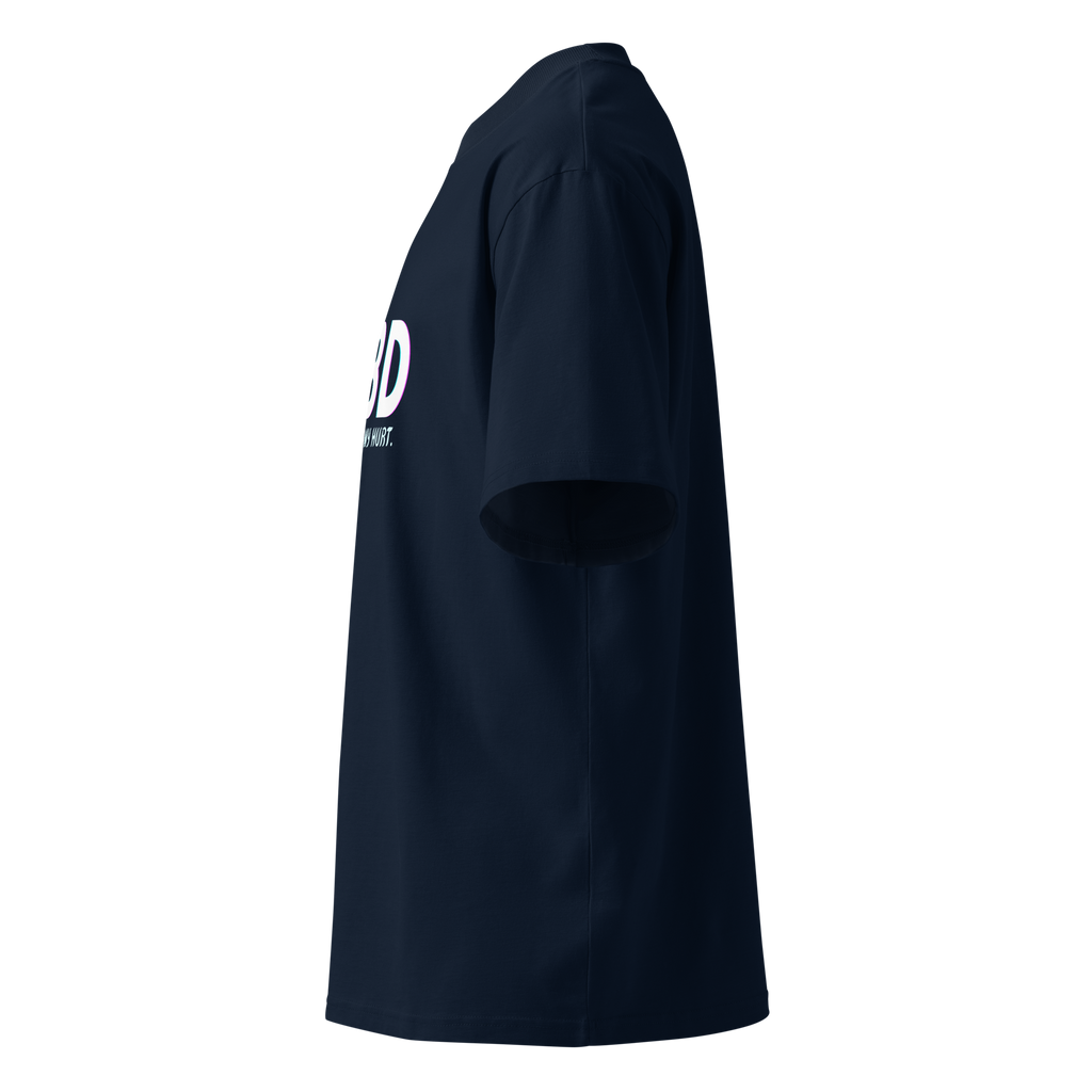 Left-side product view of the French navy CBD Heals My Hurt™ oversized organic tee with a partial view of the front graphic.