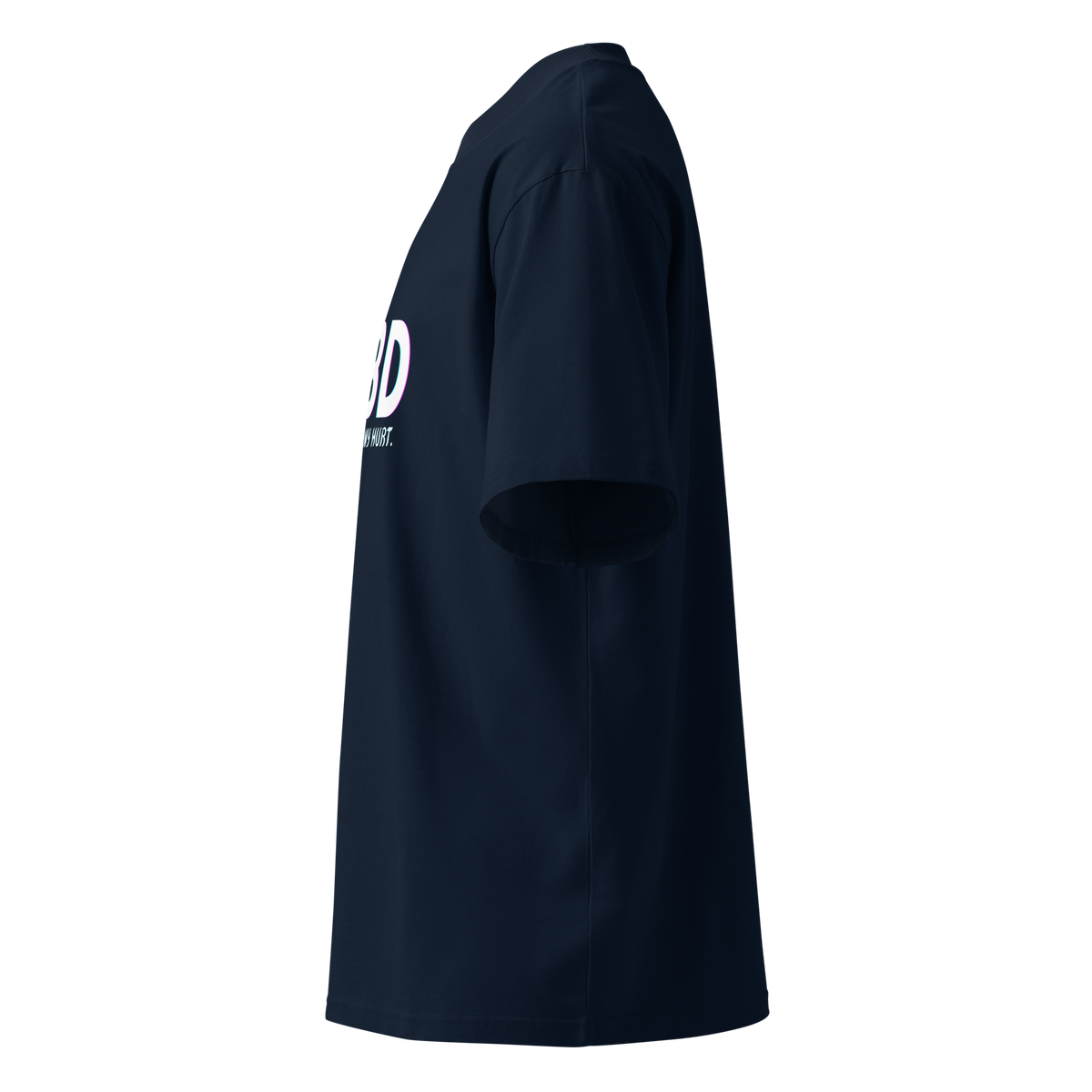 Left-side product view of the French navy CBD Heals My Hurt™ oversized organic tee with a partial view of the front graphic.