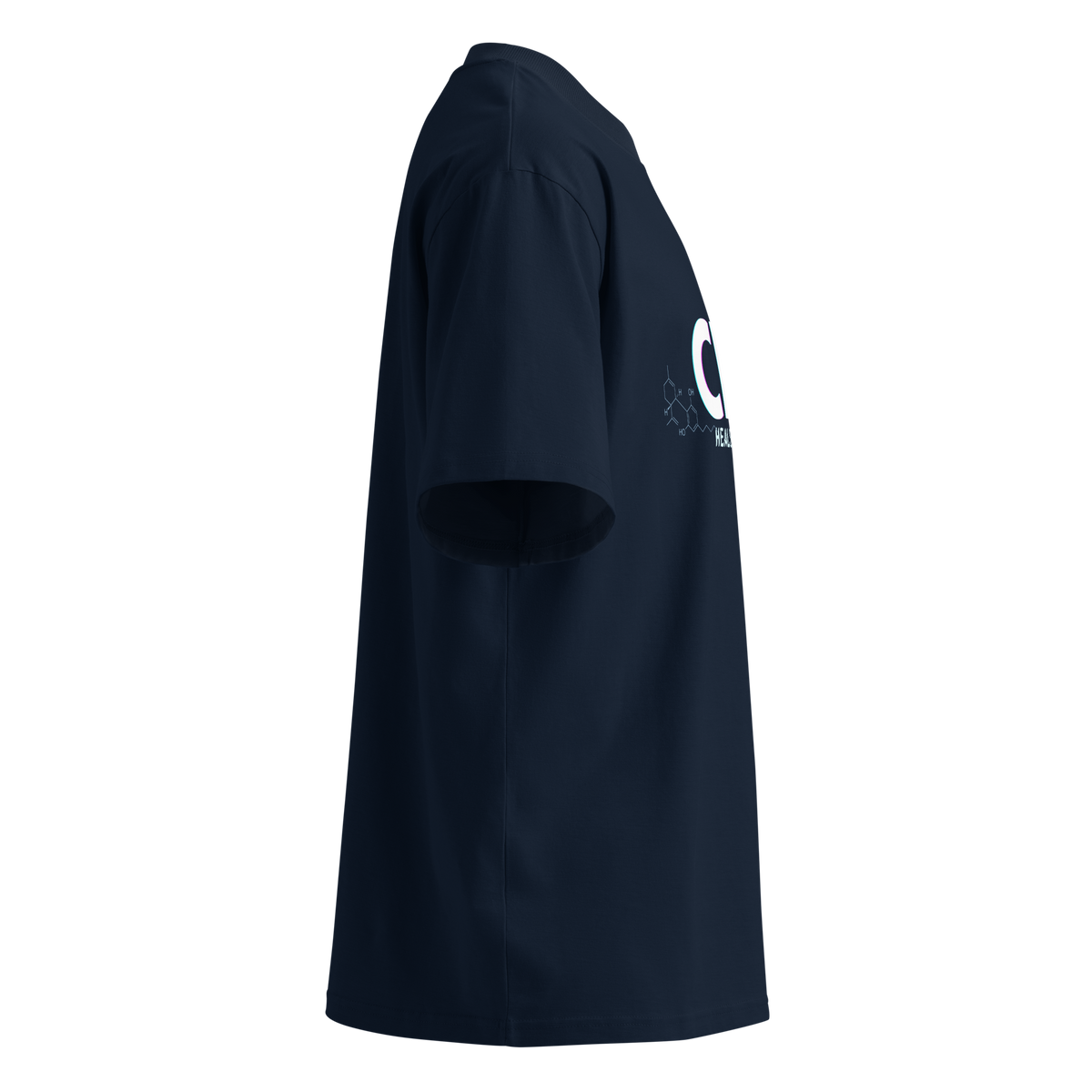 Right-side product view of the French navy CBD Heals My Hurt™ oversized organic tee showing the wide sleeve and relaxed silhouette.