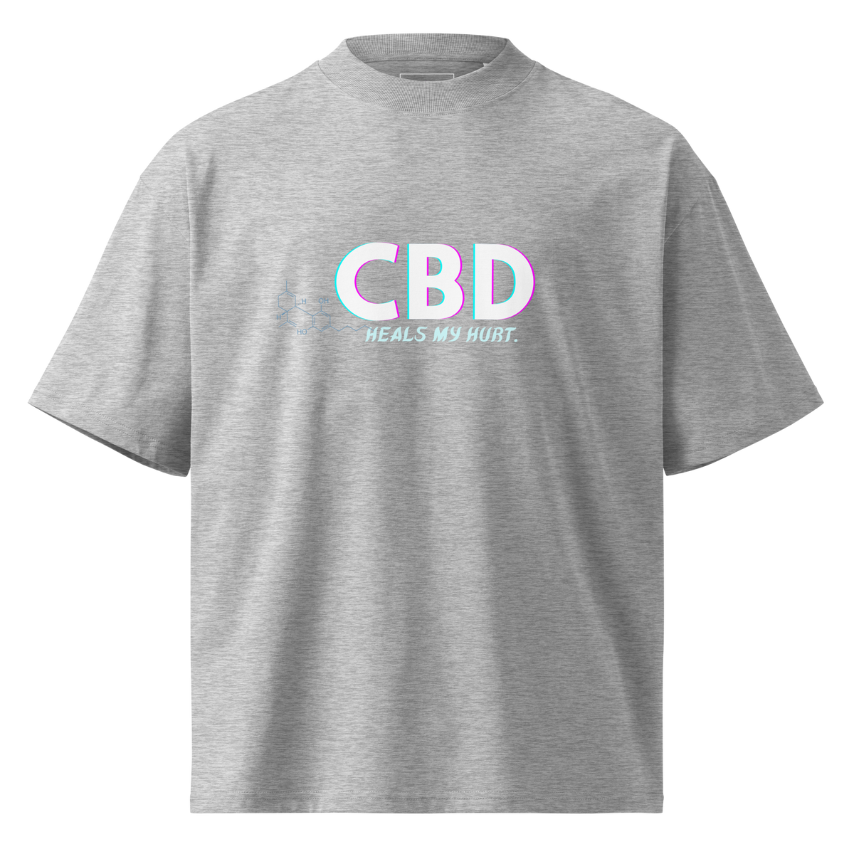 Front product view of the heather grey CBD Heals My Hurt™ oversized organic tee featuring the statement chest graphic and CBD molecular detail.