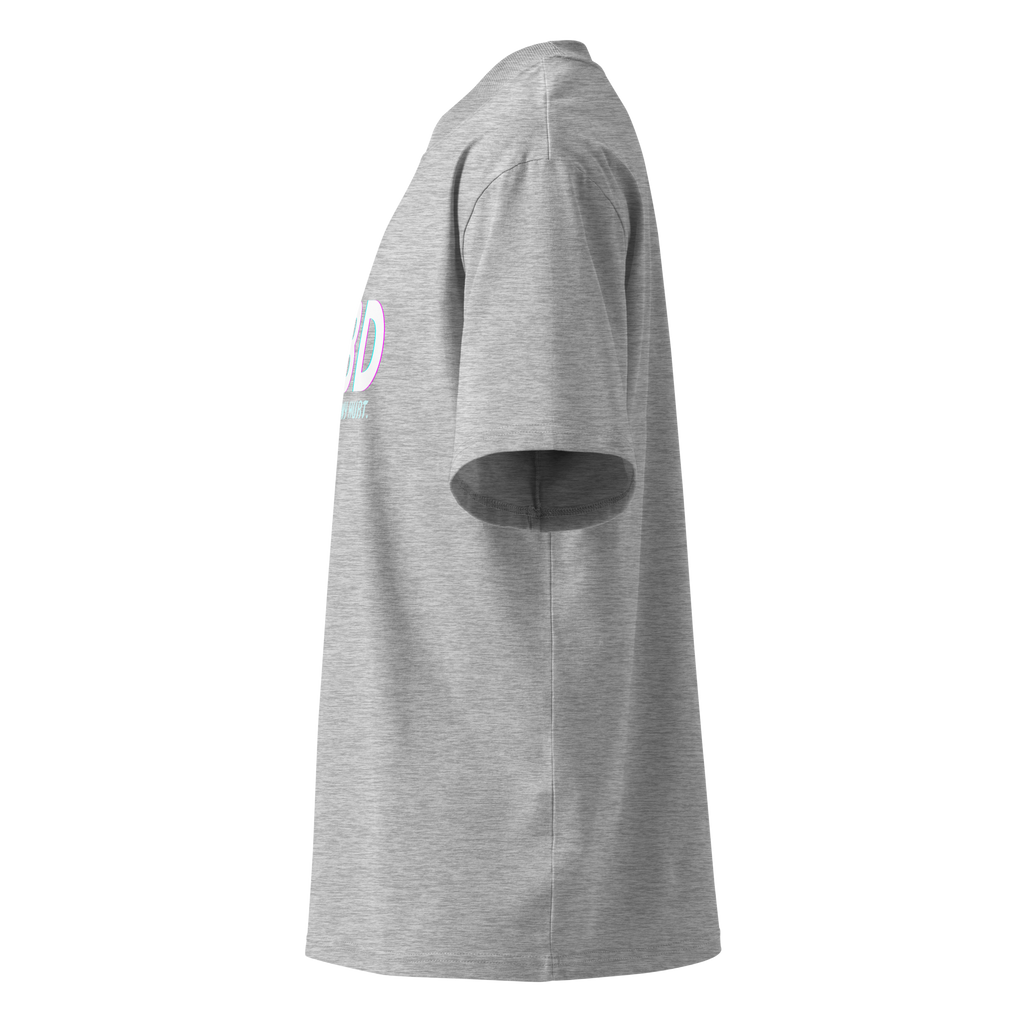 Left-side product view of the heather grey CBD Heals My Hurt™ oversized organic tee with a partial view of the printed front design.
