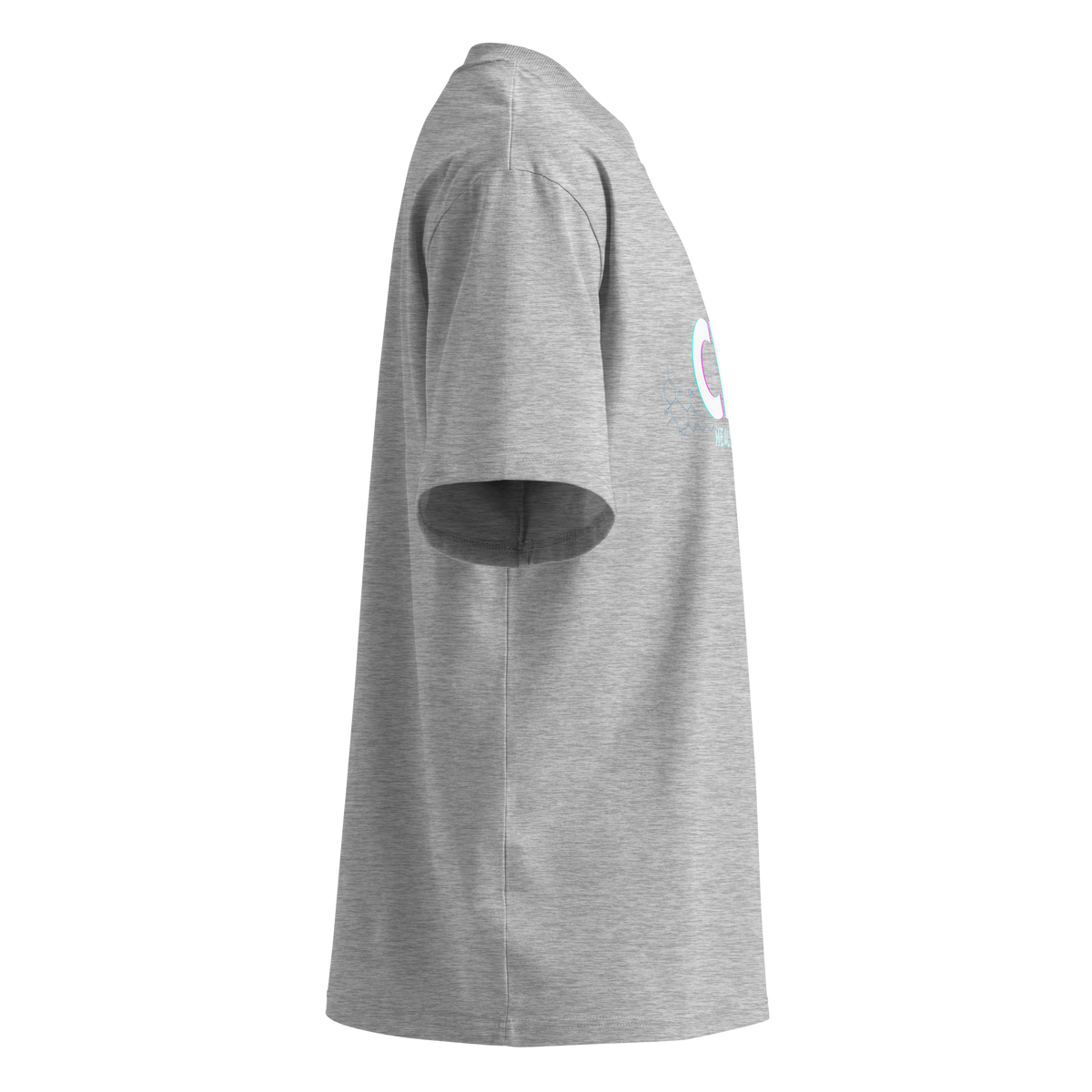 Right-side product view of the heather grey CBD Heals My Hurt™ oversized organic tee showing the wide sleeve and dropped shoulder.