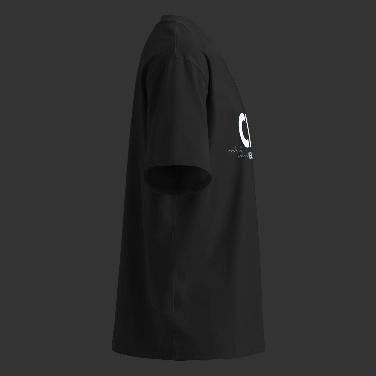 Right-side product view of the black CBG Heals My Gut™ tee showing its wide sleeve and relaxed oversized silhouette.