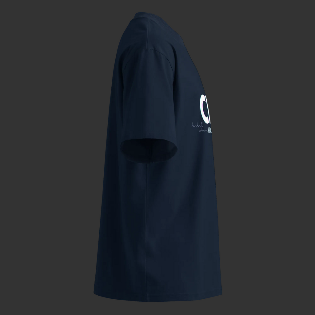 Left-side product view of the French Navy CBG Heals My Gut™ tee showing the high neckline and oversized fit.