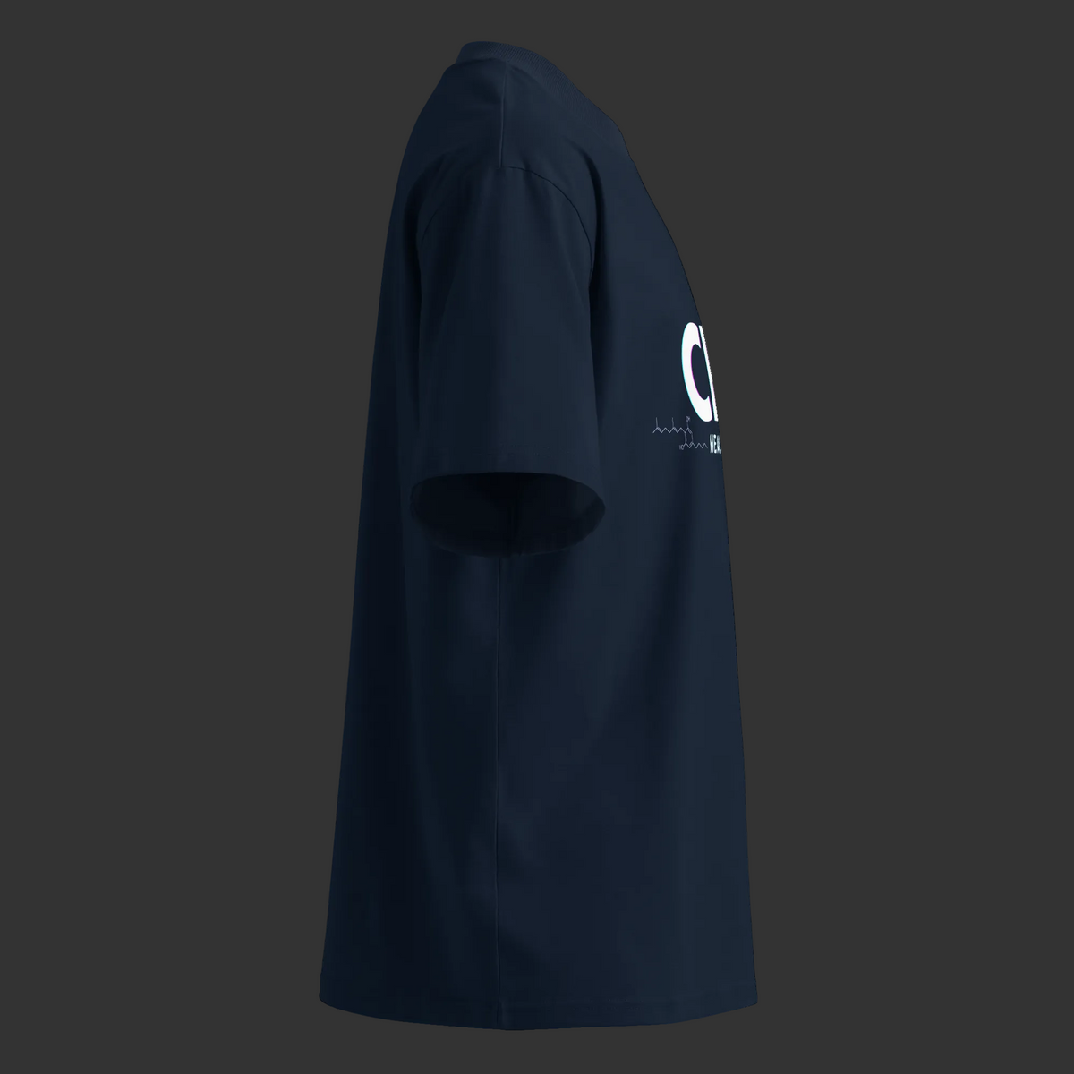 Left-side product view of the French Navy CBG Heals My Gut™ tee showing the high neckline and oversized fit.